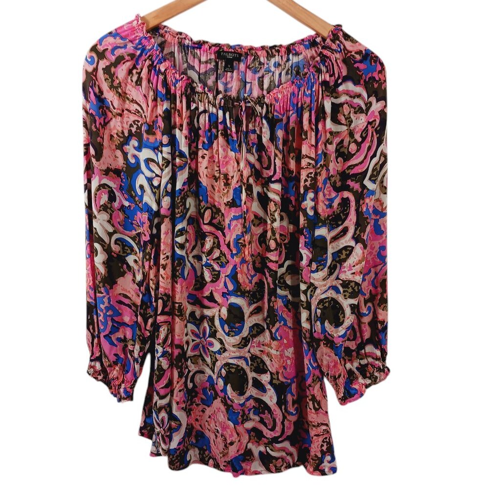 Talbots, Size X Top, Beautiful Multi-Color Print, Tie, Stretch Neck, 3/4 Sleeve - Picture 1 of 12